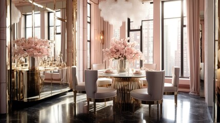 Interior design inspiration of Glam Art Deco style home dining room loveliness decorated with Glass and Velvet material and Mirrored Wall .Generative AI home interior design .