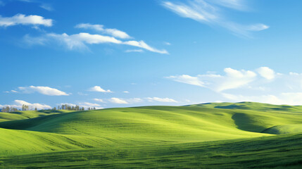 Obraz premium Fresh green fields in spring with a blue sky backdrop on a hill