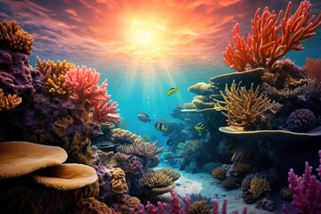 Naklejka na ściany i meble The sun illuminating the vibrant colors of an underwater coral reef