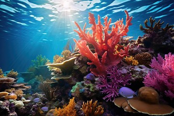 Naklejka na ściany i meble The sun illuminating the vibrant colors of an underwater coral reef