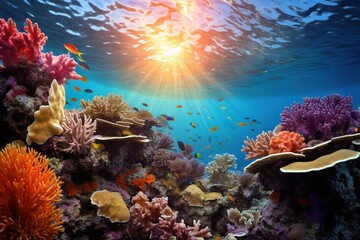 The sun illuminating the vibrant colors of an underwater coral reef