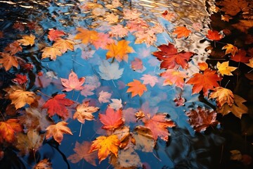 Vibrant autumn leaves delicately floating on a mirror-like pond