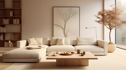 Fototapeta na wymiar Japandi living room interior with cozy beige couch, modern minimalist design of apartment