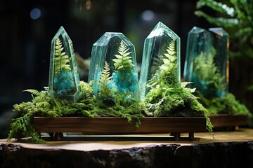Apatite crystals framed by green ferns and moss