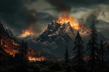 A forest fire at the base of a mountain, contrasting with the untouched peak
