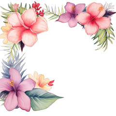 Watercolor flowers and leaves surround empty copy space. Background for publications and presentations. Transparent PNG background