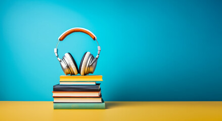 Modern headphones on pile of classic books, audiobooks concept. Wide banner with copy space side. Generative AI