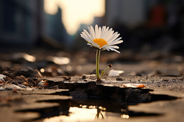 White daisy flower growing on the ground with city background, soft focus