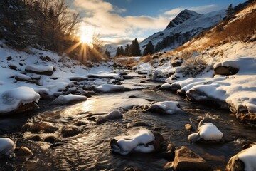 Crisp winter day with frozen mountain stream - obrazy, fototapety, plakaty