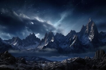 Dramatic mountain range beneath a starry sky