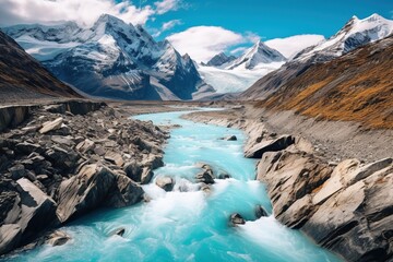 Melting mountain glacier feeding into a turquoise river below