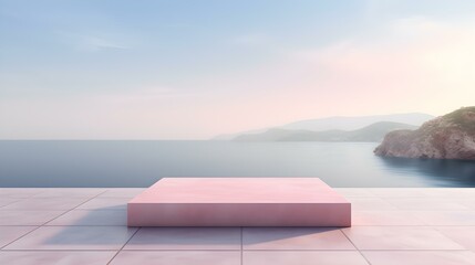 Square Stone Podium in pink Colors in front of a blurred Seascape. Luxury Backdrop for Product Presentation