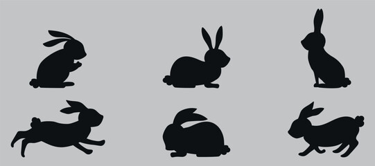 black icons of hares. Vector on a gray background - obrazy, fototapety, plakaty