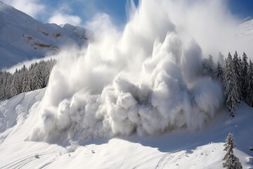 Fototapeta na wymiar Snow avalanche caught in the act, tumbling down a steep mountain slope