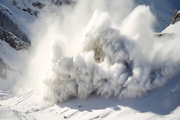 Snow avalanche caught in the act, tumbling down a steep mountain slope