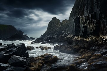 Rocky shore, waves, cliff, cloudy, dark sky. Generative AI