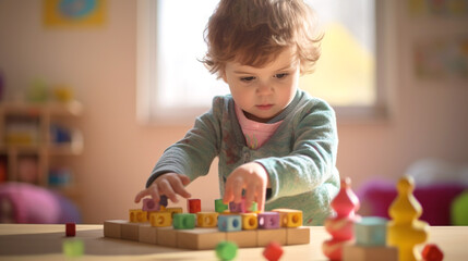 Portrait of child playing with Montessori toys. Hands-on learning and real world skills development. Close-up.
