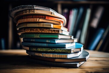 Spiral of old and new books with differently colored covers on a wooden desk - obrazy, fototapety, plakaty