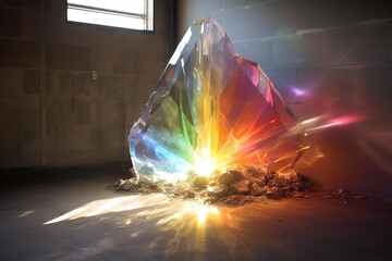 Sunlight passing through a prismatic crystal, creating a rainbow on a wall