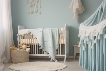 Background of nursery room with a blanket draped over the crib. Generative AI - obrazy, fototapety, plakaty