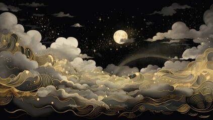 Mystical Night Sky with Full Moon, Stars, and Rainbow