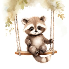 Fototapeta na wymiar Cute baby raccoon in watercolour style, sitting on swings attached to the tree.
