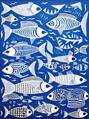 Naklejka premium A vibrant underwater scene with a school of fish swimming in a stunning blue backdrop