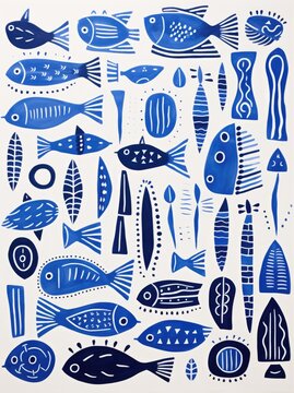 A vibrant blue and white painting showcasing fish swimming gracefully against a pristine white backdrop