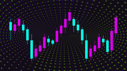 Market graph on digital financial card. Neon light dots. Black background. Abstract line. Crypto currency investment concept. Private Blockchain. Japanese candles. Candlestick Chart. Crypto exchange