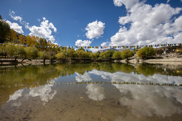 lake in the mountains with buddhist peace flags