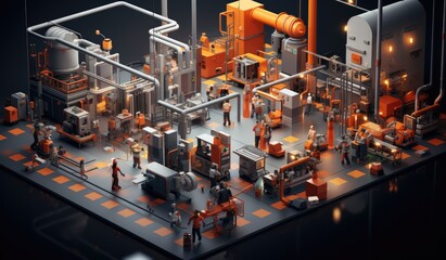 an isometric view of the factory full of workers Generative AI