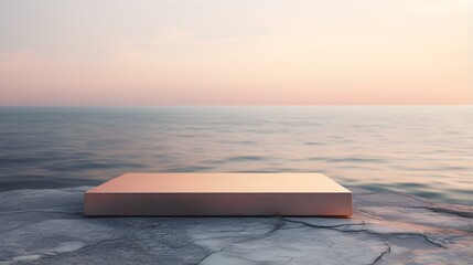 Square Stone Podium in rose gold Colors in front of a blurred Seascape. Luxury Backdrop for Product...