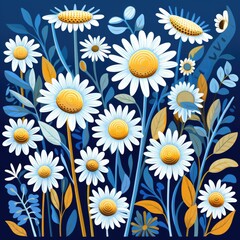 Fototapeta premium A vibrant floral painting with daisies and other flowers on a serene blue background