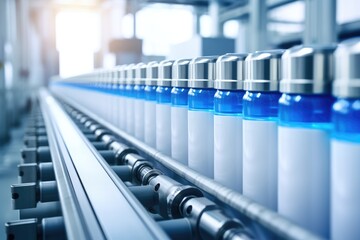 A production line with bottles of water on a conveyor belt