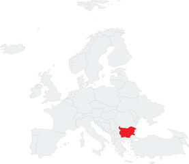 Red CMYK national map of BULGARIA inside gray blank political map of European continent on transparent background using Robinson projection