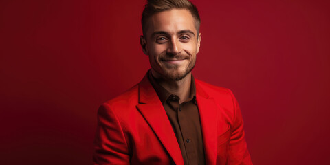 Obraz premium Businessman in a Red Suit on a Red Background. Stylish Confident Attractive Male in a Red Jacket. 30 year old Man