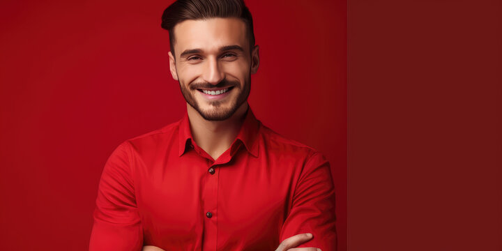 Happy Man in red shirt on a Red Background, copy space. 30 year old Stylish Attractive Male