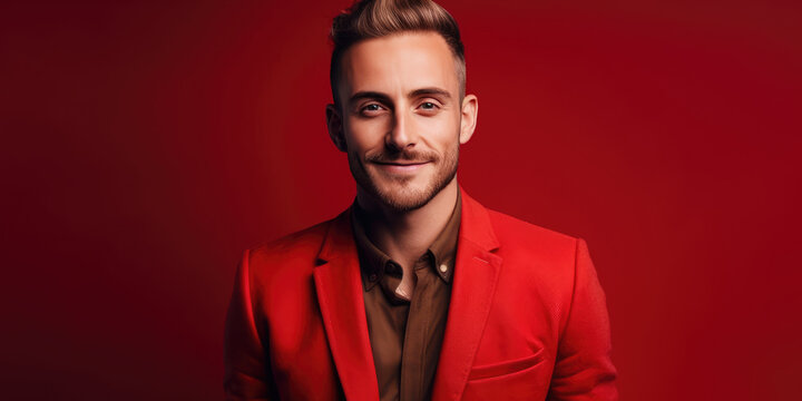Businessman in a Red Suit on a Red Background. Stylish Confident Attractive Man in a Red Jacket. 30 year old Male