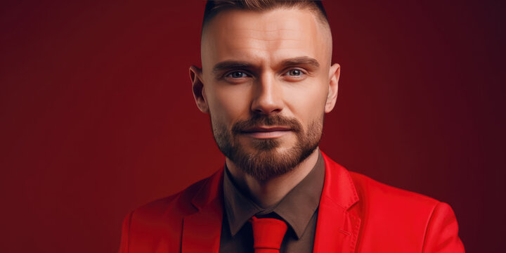 Businessman in a Red Suit on a Red Background, close up. Stylish  Confident Attractive Man in a Red Jacket. 30 year old Male