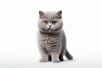 British Shorthair cat on a white background. Adorable 3D cartoon animal portrait.
