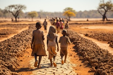 African children walk along a dry river bed. Environmental problem of climate change, global warming, drought, water shortage