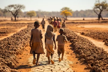 Poster African children walk along a dry river bed. Environmental problem of climate change, global warming, drought, water shortage © Olena
