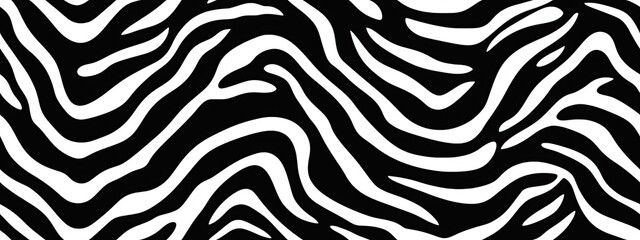 Seamless zebra skin or tiger fur stripe pattern. Tileable monochrome bold black and white African safari wildlife background texture. Abstract trendy boho chic fashion animal print camouflage motif. - obrazy, fototapety, plakaty