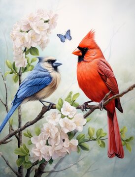 Two birds perched on a branch, captured in a beautiful painting