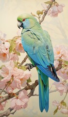 A colorful parrot perched on a blooming tree branch
