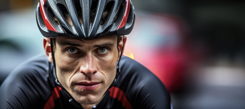 Man in cycling helmet riding the bicycle in city, serious racer like expression - commuting to work concept. Generative AI - Powered by Adobe