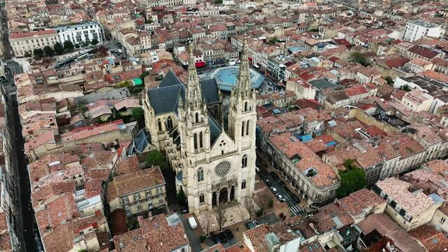 Aerial view of Saint-Louis des Chartrons cathedral in Bordeaux downtown, France.