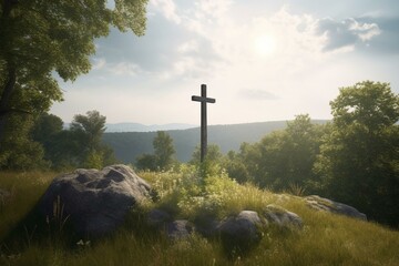 Religion-themed nature scenery with a Christian cross on a natural backdrop. Generative AI - obrazy, fototapety, plakaty