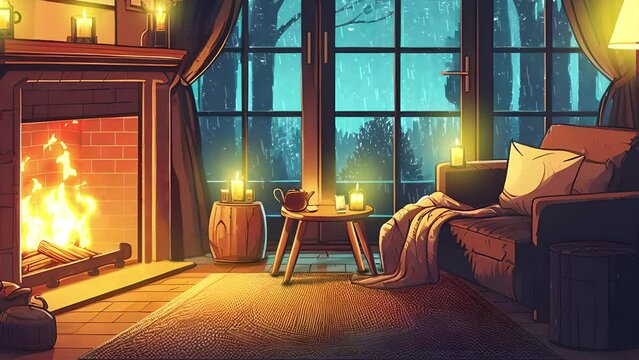 A cozy room with a fireplace lit with candles, pouring rain outside the window, evening, vector style, looped lo-fi video.