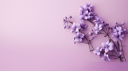  a bunch of purple flowers on a pink background with space for text.  generative ai